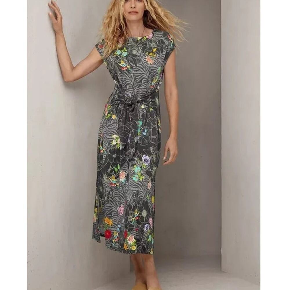 Johnny Was Zippy Floral Midi Dress Tie Waist Boho Cotton Grey Multicolor Size XS - Picture 2 of 10